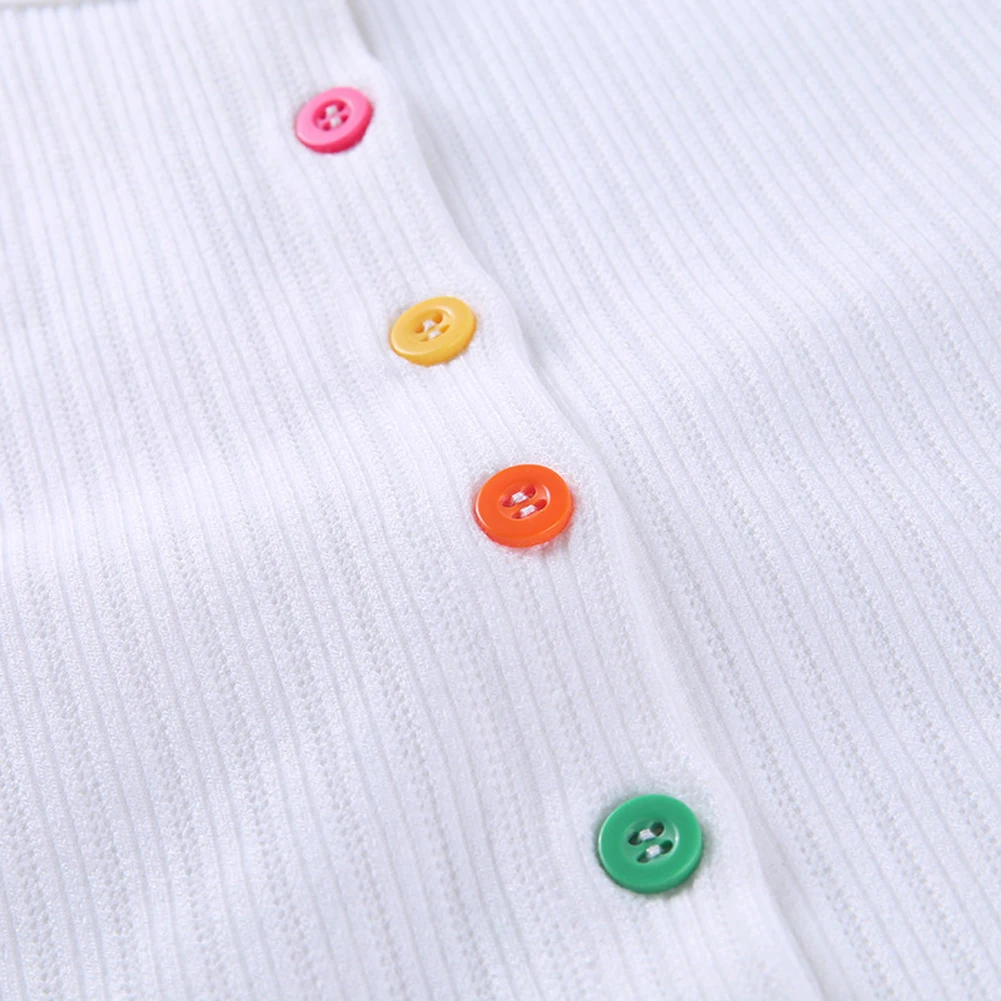 

Fashion Female Knit Tops Women Colorful Button Kint Cardigan Summer Short Sleeve Crop Top Ladies O Neck Solid Color Tops