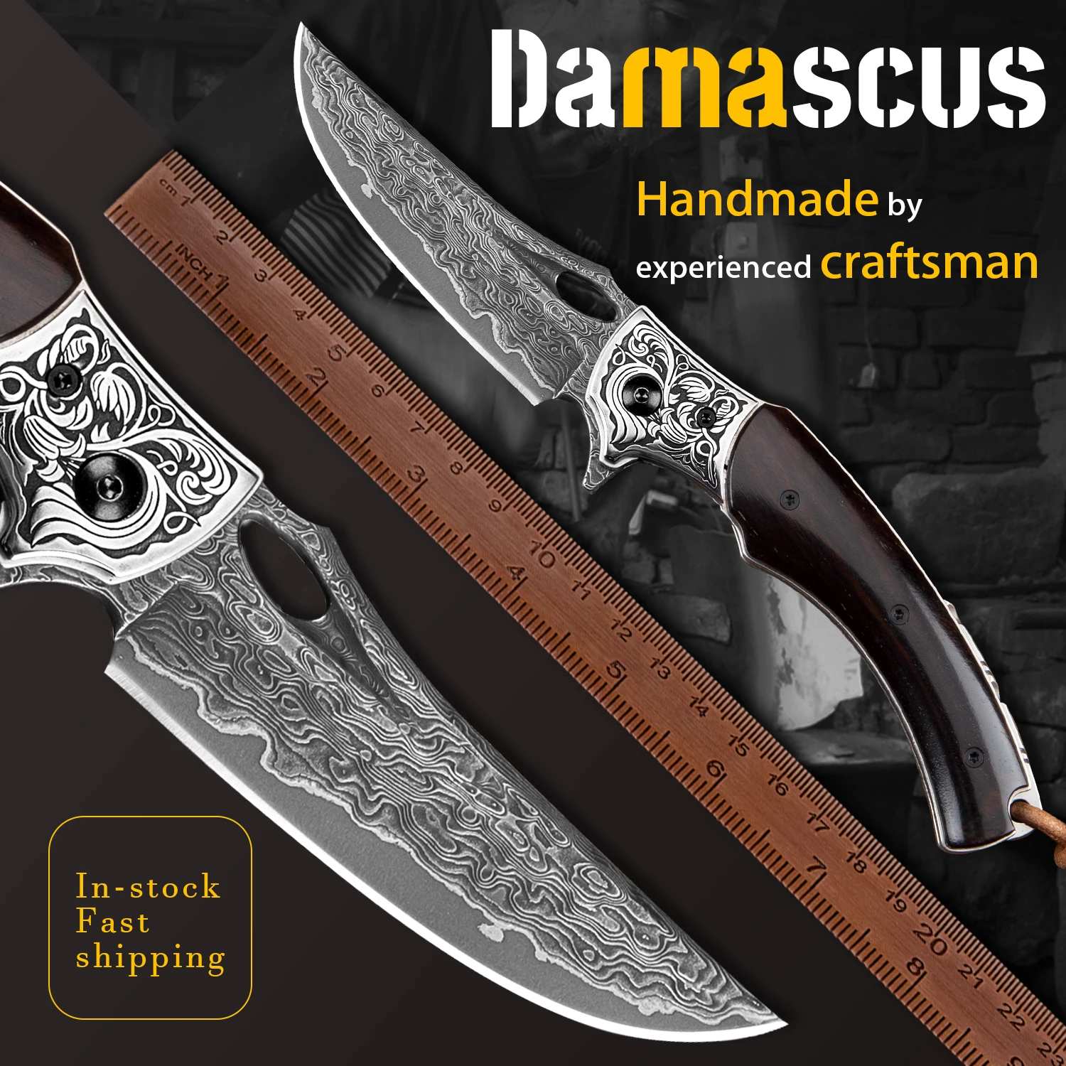 

Japanese Damascus Folding Pocket Knife Ebony Handle with Leather Sheath EDC Knives for Gift Outdoor Self Defense Survival Cutter