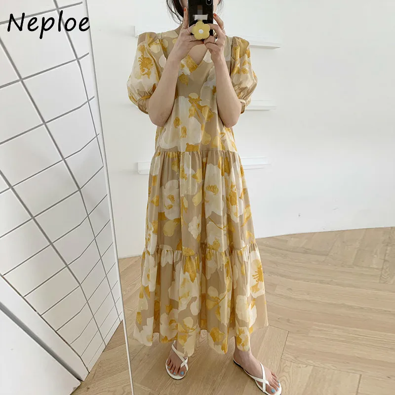 Платье Neploe с цветочным принтом женское модное платье V образным вырезом и пышными