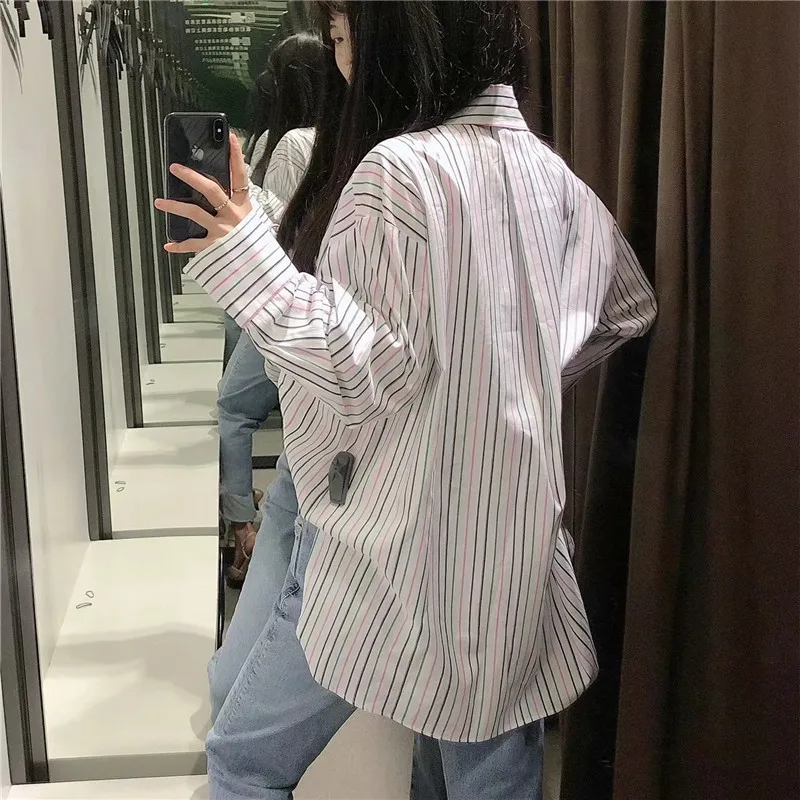 

PSEEWE Spring 2021 Za White Striped Oversized Shirt Woman Long Sleeve Large Size Blouses Women Asymmetic Hem Button Up Shirt