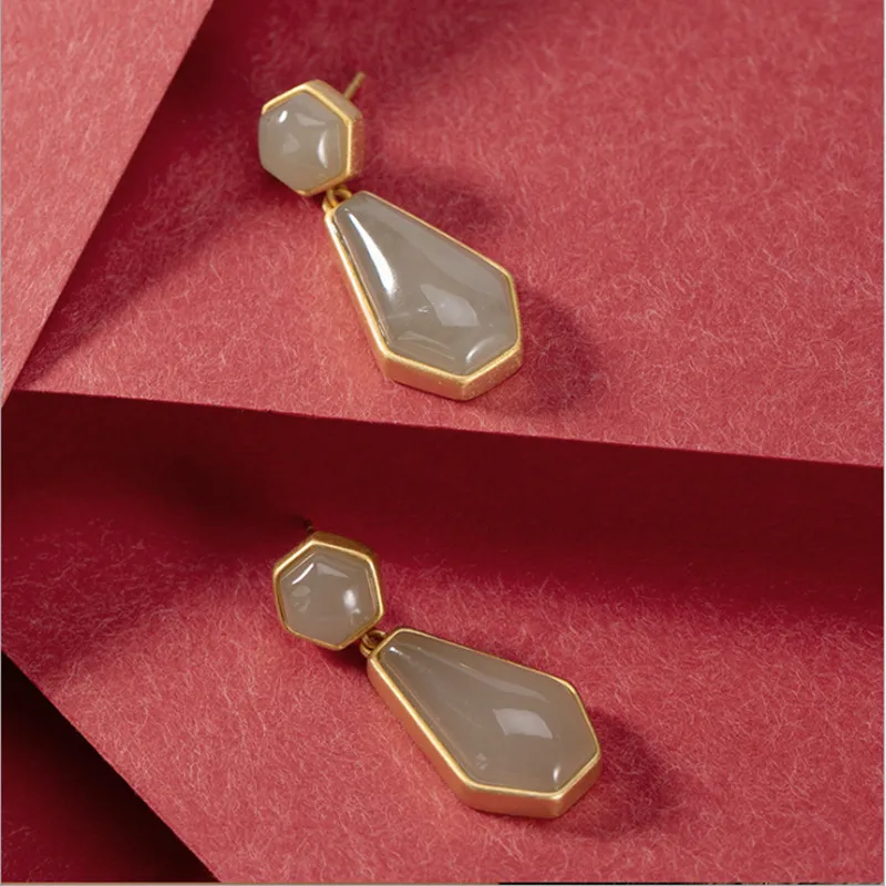

Uglyless 925 Silver Pentagon Minimalism Gemstones Earrings for Women Gold Simple Fashion Geometric Jade Earrings Vogue Jewelry