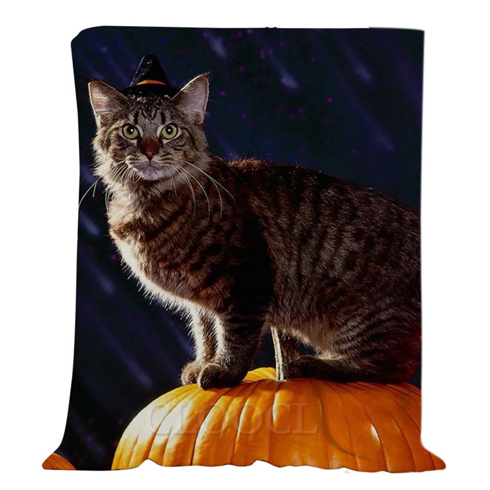 

CLOOCL Halloween Theme Flannel Blankets Cute Tabby Cat Pumpkin Print Halloween Blanket Keep Warm Plush Quilts Gifts Boys Girls