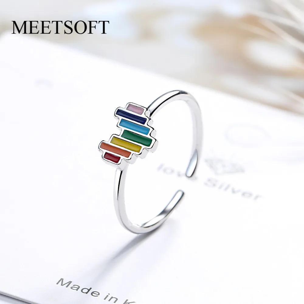 Женское регулируемое кольцо MEETSOFT из стерлингового серебра с радужным сердцем