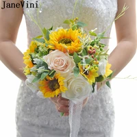 janevini 2020 sunflower bridal bouquet yellow imitation flower green leaves artificial rose wedding bouquets for bride brooches
