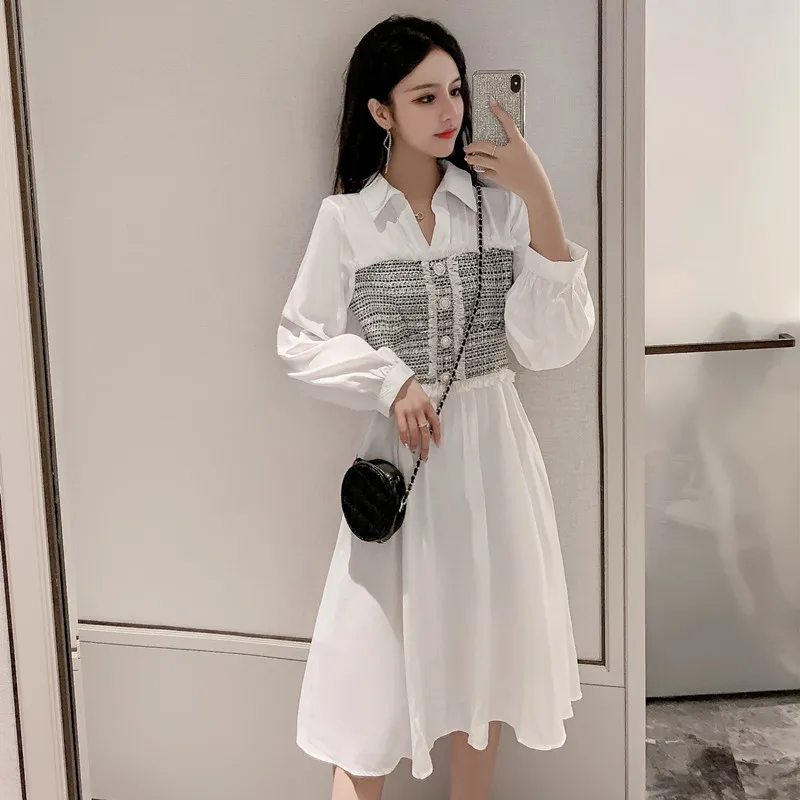 Осеннее Элегантное Белое Женское Платье рубашка FINEWORDS с лацканами корейское