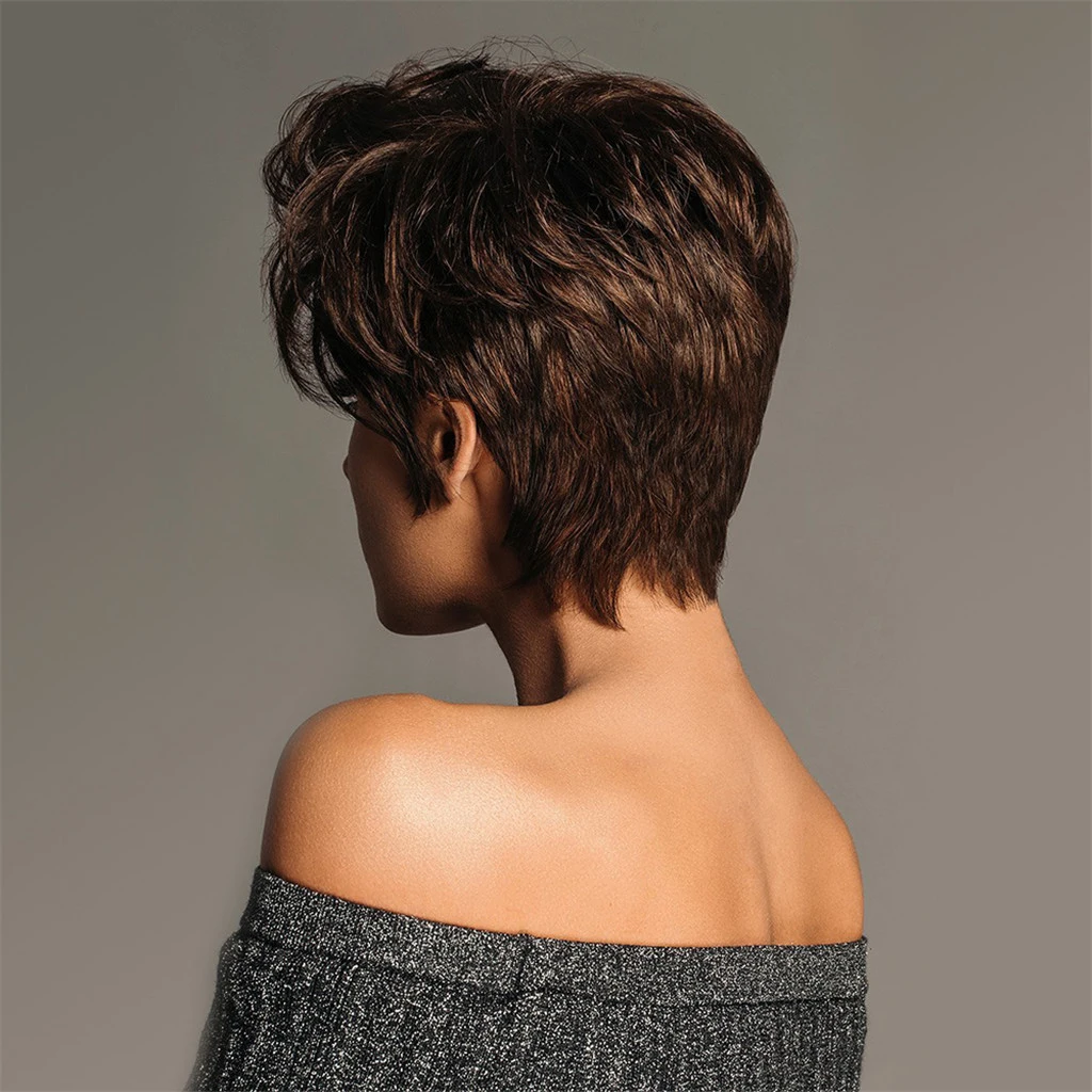 

8'' Chic Short Brown Pixie Cut Layered Wavy Wig for White Black Women