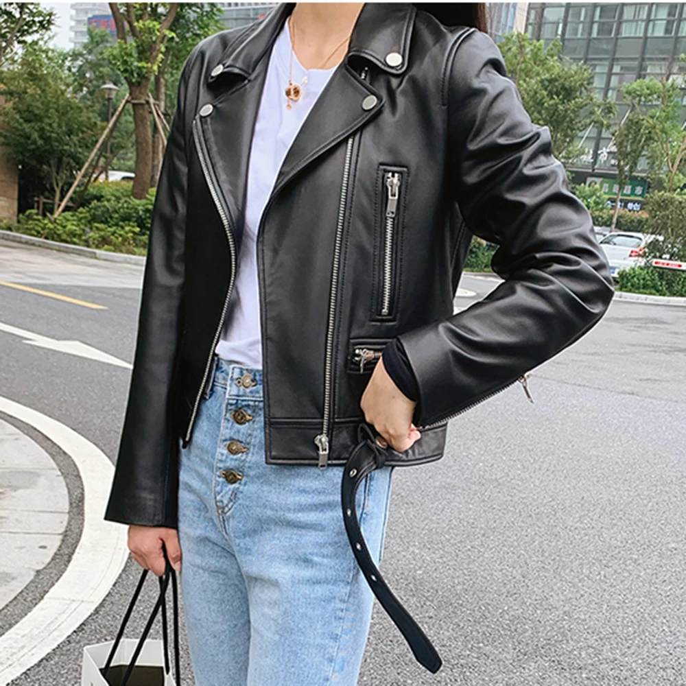 JAZZEVAR 2023 New Spring High Fashion Street Women Real Sheep Skin Leather Jacket Black Genuine Leather Short Motorcycle Jackets