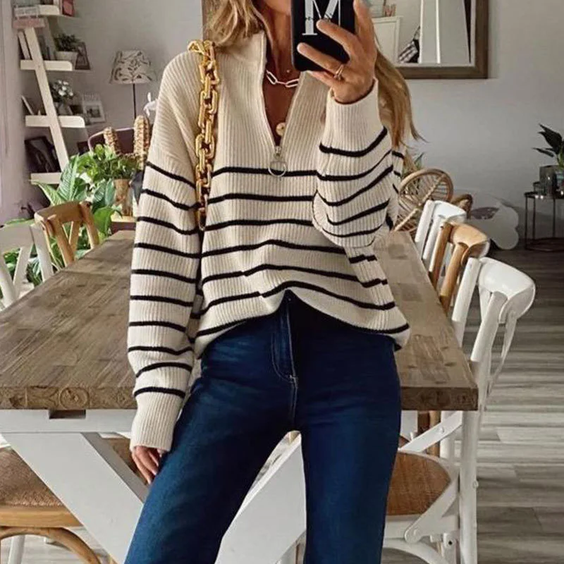 

Autumn Winter Women Casual Long Sleeve Striped Patchwork Jumpers Ladies Loose Knitted Sweaters Fashion Zip V-Neck Tops Pullover