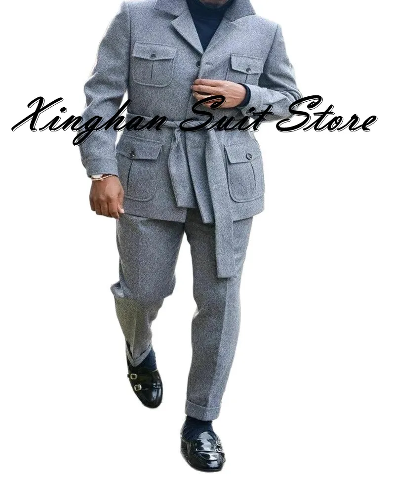 

Costume Homme Woolen Gray Notched Lapel Single Breasted Cloth With Belt Business Casual Men Suits Tailored Formal Wedding Wear