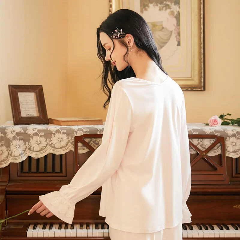 

Princess Style Pyjamas 2PCS Hollow Out Pajamas Set Sexy Lady Sleepwear Lace Flower Cotton Nightwear Bud Sleeve Pant Sleepwear