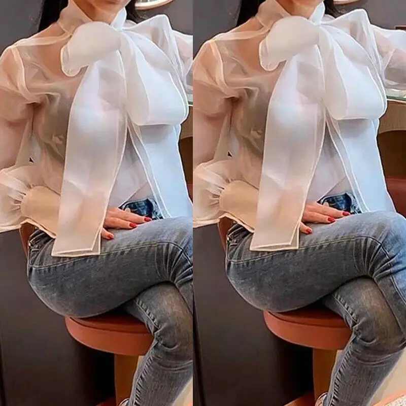 Женские Модные кружевные сетчатые Прозрачные топы с длинным рукавом рубашки со