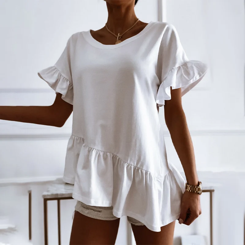 

Summer New T-shirt Ruffles Irregular Solid White Short Sleeve O-neck Fashion Simple Casual Loose Tops 2021