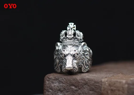 

100%925 Sterling Silver Men Exaggerated Wide Face Open Ring Domineering Lion Thai Silver Ring Vintage Craft