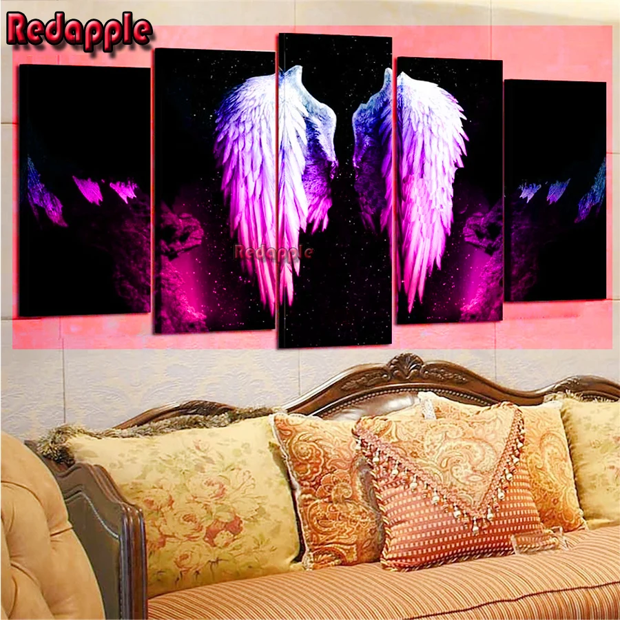 Pinturas de arte de pared con diamantes, decoraci&oacute;n Modular de alas de &Aacute;ngel Lucifer, mosaico bordado 5D, cuadro completo, Cuadrado y redondo, 5 uds.-0