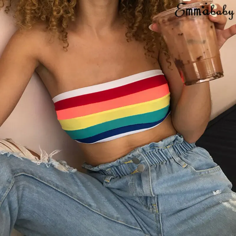 

2020 Hot Sale Women's Sexy Rainbow Colorful Tube Tops Off Shoulder Elastic Seamless Bandeau Stretch Tube Strapless Crop Top