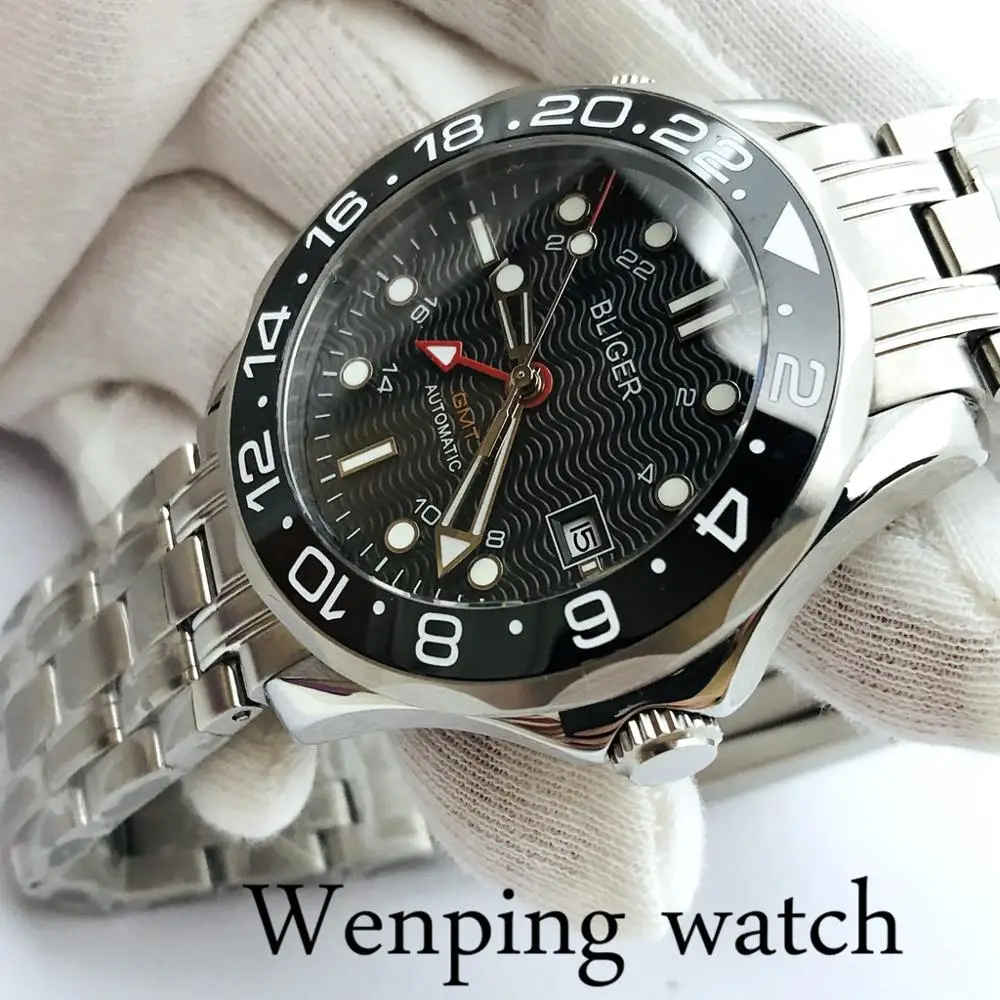 Bliger 41 мм Серебряный чехол сапфировое стекло Керамическая рамка черный циферблат