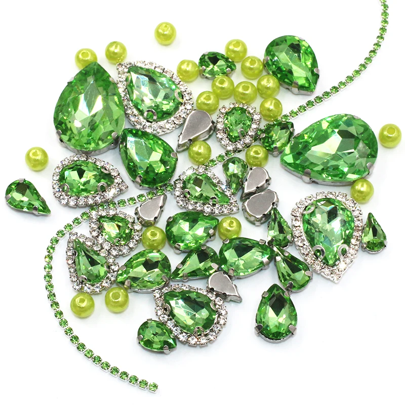 

Wedding Decoration Teardrop Lightgreen Mix Size Glass Crystal Stones Pearl Beads Cup Chain Rim Rhinestones Sew On Clothing/Dress