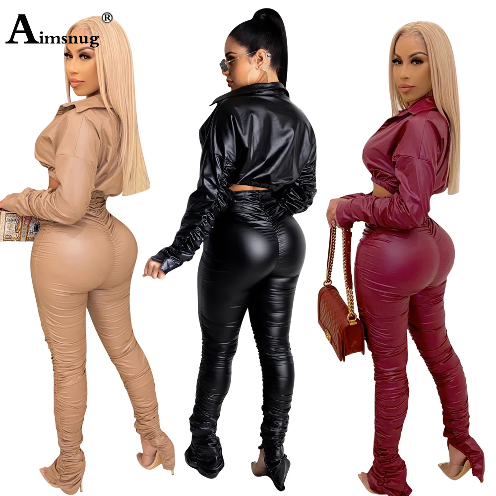 

Aimsnug Faux PU Leather Women Sets Zipper Crop Tops Clothing And long pants Set 2021 Spring Long Sleeve Female Two Piece Outfits