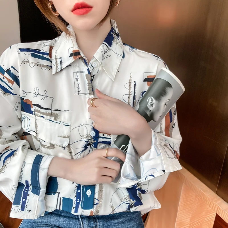 

Chiffon Women's Blouse Print Polo Sexy Shirt Casual Long Sleeve Top Spring Autumn Fashion Clothing Lady Houthion