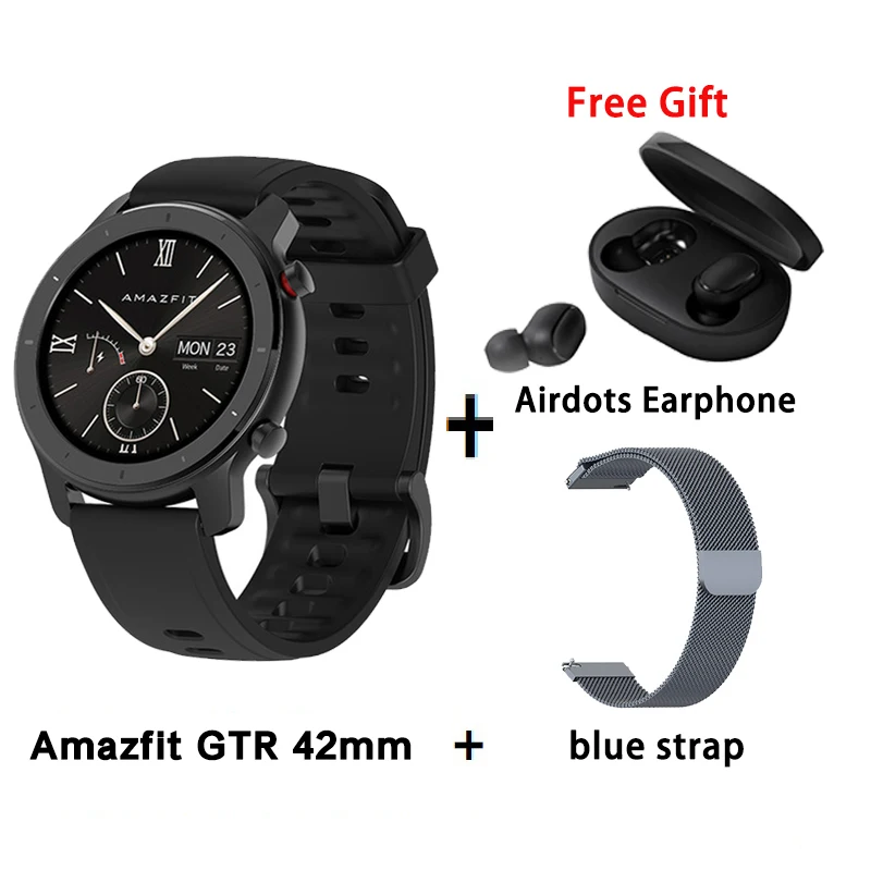 B add blue strap Глобальная версия Amazfit GTR 42 мм Смарт-часы AMOLED дисплей 5ATM женские и мужские умные часы gps и ГЛОНАСС BT5.0 для Xiaomi Phone IOS - Цвет: B add blue strap