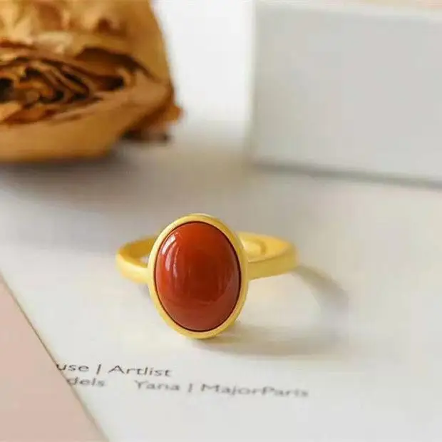 

S925 Sterling Silver Inlaid Natural South Red Ring Agate Oval Ornament for Women
