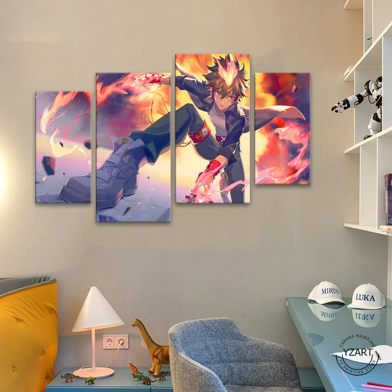 Нерамированный 4-х частный постер Sawada Tsunayoshi из аниме Katekyo Hitman Reborn для украшения комнаты на холсте.