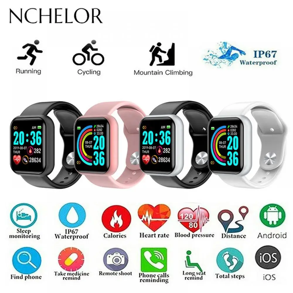 Мужские и женские повседневные умные часы D20 водонепроницаемые с пульсометром