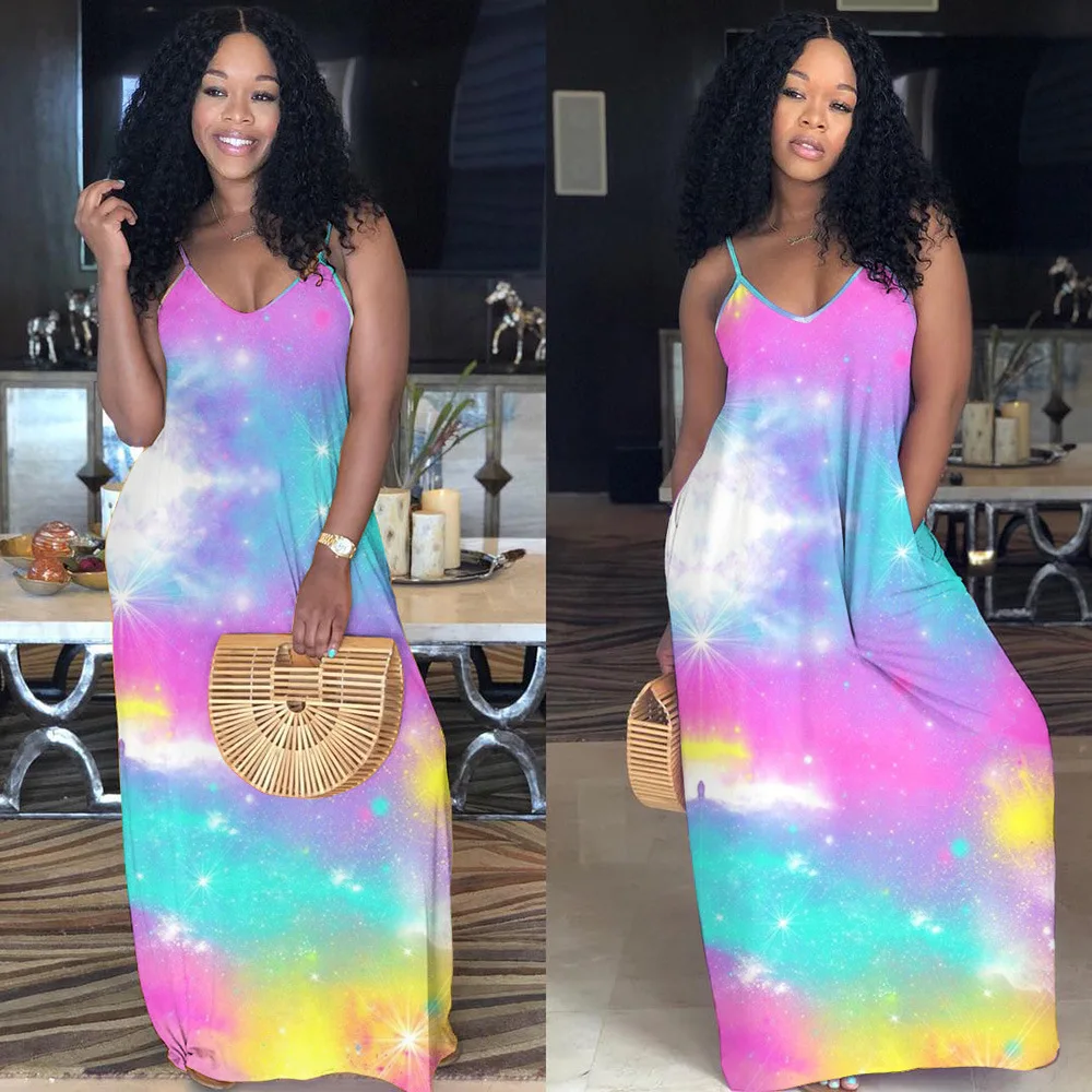 

Maxi Loose Long Dress Women Summer Sexy Sleeveless V Neck Gradient Tie-Dye Dresses Casual Streetwear Boho Sundress Women Clothes
