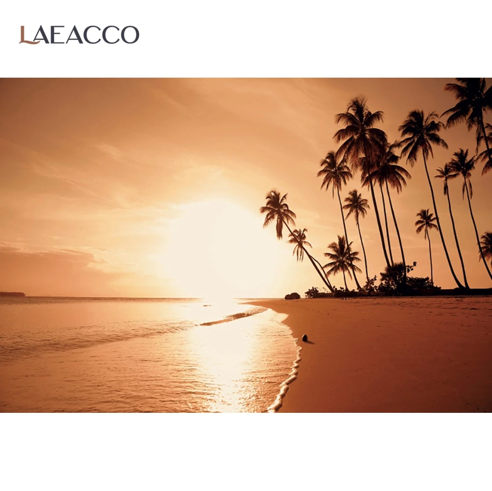 

Laeacco Dusk Sunset Seaside Beach Photography Backdrop Summer Palms Tree Holiday Photocall Photographic Backgrounds Photo Studio