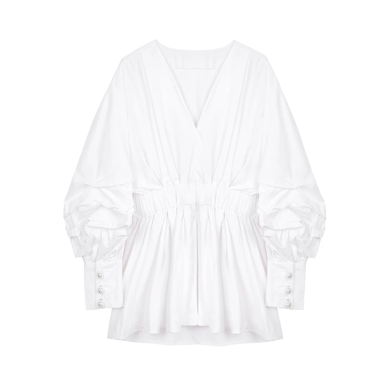 

Women Clothing White Shirt Denim Split Temperament Blouse New V-Neck Lantern Sleeve Loose Fit Shirt Fashion Spring 2021 Clothes
