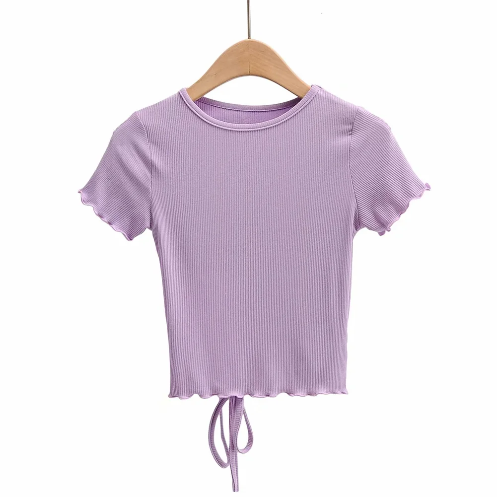 

European and American style slim back hollow lace up round neck short sleeve T-shirt women's summer short waist top