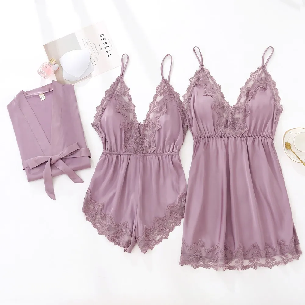 

Пижамный костюм с кружевной отделкой, атласная Женская пижама-кимоно, халат, сексуальная одежда для сна, сексуальный халат, ночная рубашка и...