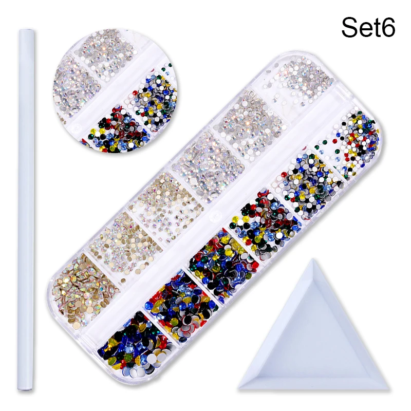 Set 6 1 коробка для дизайна ногтей 3D Амулеты Стразы для ногтей круглые смешанные цвета, плоский задник красочные блестящие стразы для украшения ногтей - Цвет: Set 6