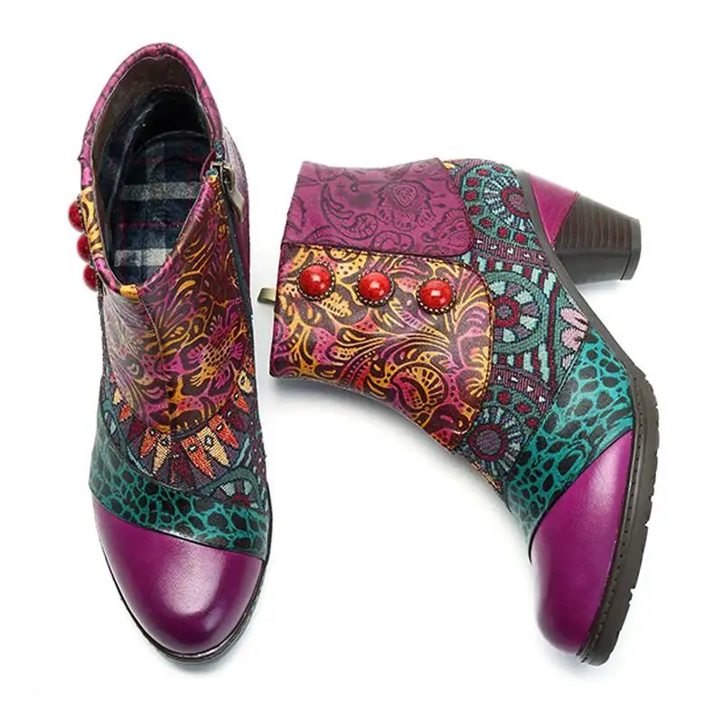 

SOCOFY Women Handmade Mid Heel Boots Vintage Style Printing Folklore Genuine Leather Stitching Floral Casual Round Toe Boots