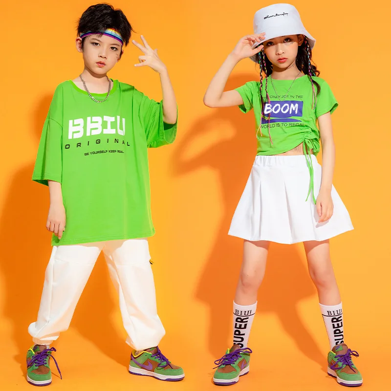 

Kid Hip Hop Clothing Green Graphic Tee Oversized T Shirt Top Streetwear Summer Shorts Skirt for Girl Boys Dance Costume Clothes