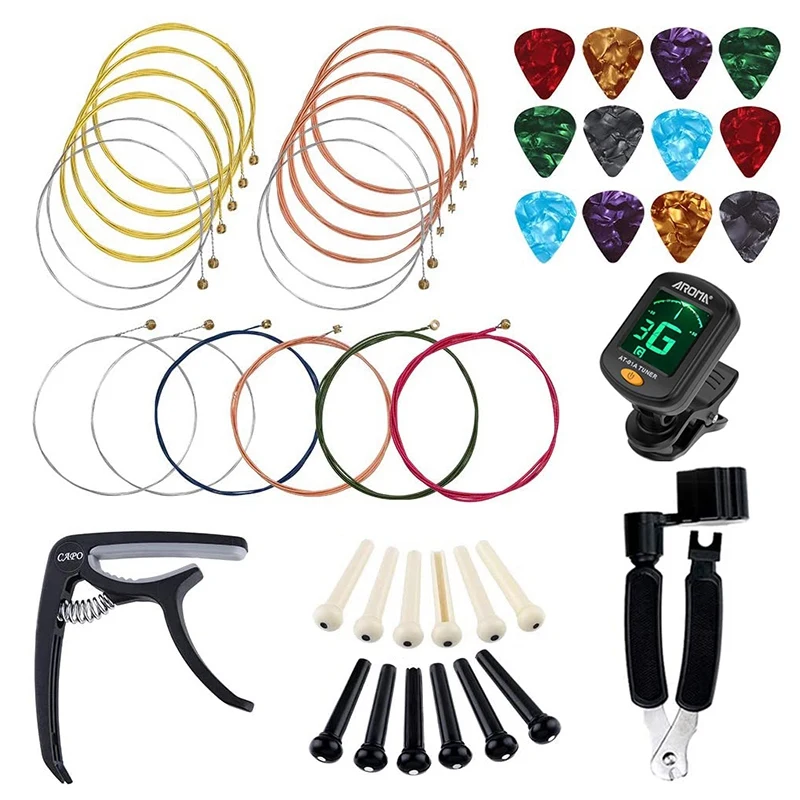 

AROMA Guitar Accessories Kit Including Guitar Strings, Guitar Capo, Bridge Pins,Guitar Picks,Guitar Tuner,3 in 1 String Winder