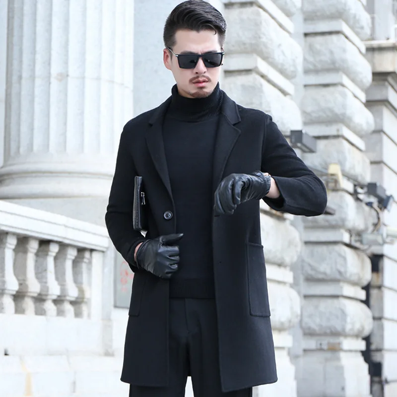 

double type cashmere cultivate one's morality long pure color wool woolen cloth coat youth leisure men's clothing