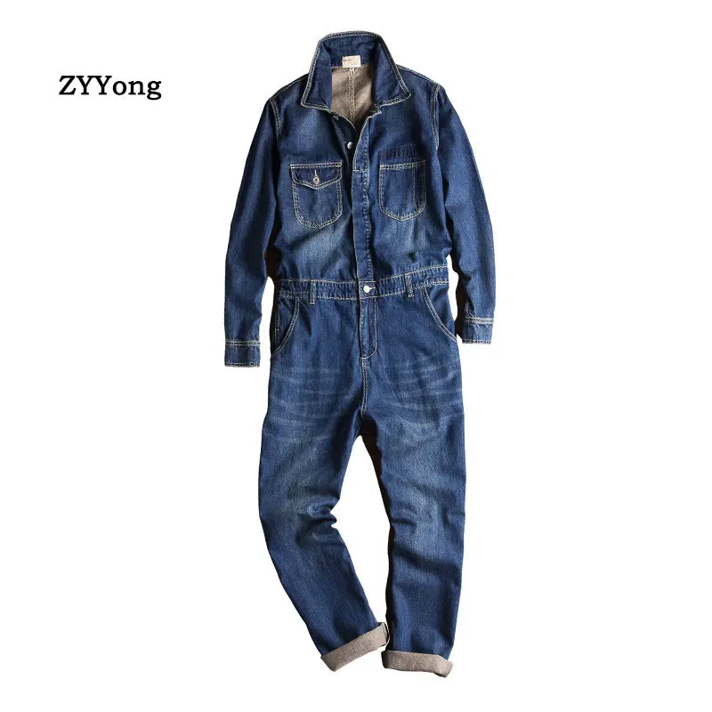 Spring And Autumn Men's Denim Jumpsuits Long Sleeve Lapel Overalls Retro Blue Jeans Hip Hop Cargo Pants Freight Trousers