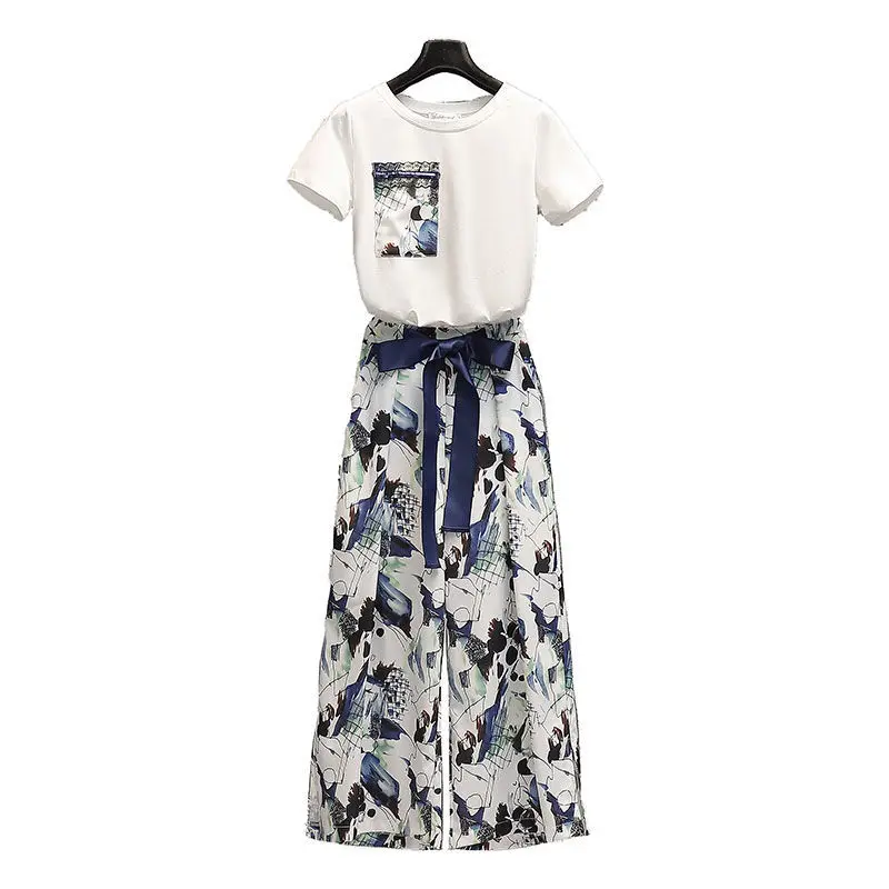 

Plus size women's Sets trousers 2021 summer new printed chiffon high waist wide leg pants casual white T-shirt two-piece suit