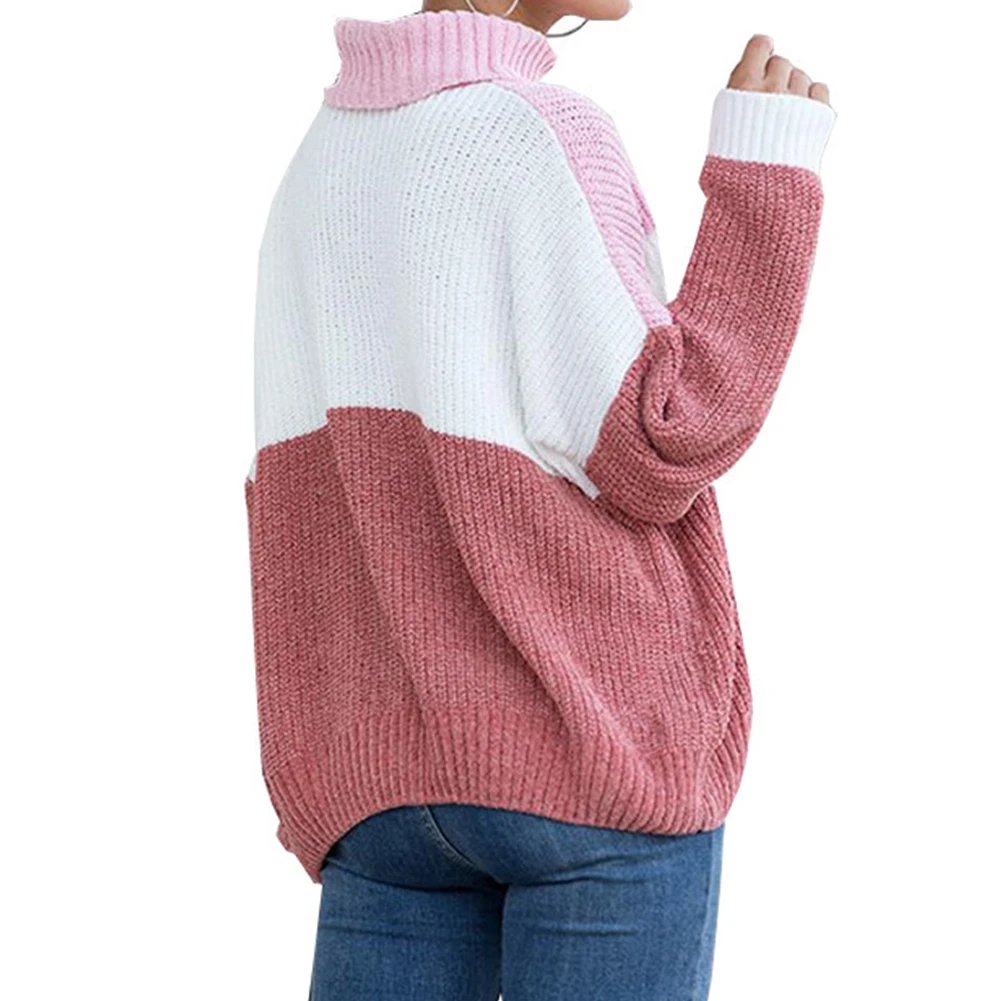 

Women Sweater Autumn Winter Turtle Neck Long Sleeve Color Block Warm Knit Sweater Patchwork Casual O Neck Top Pullover