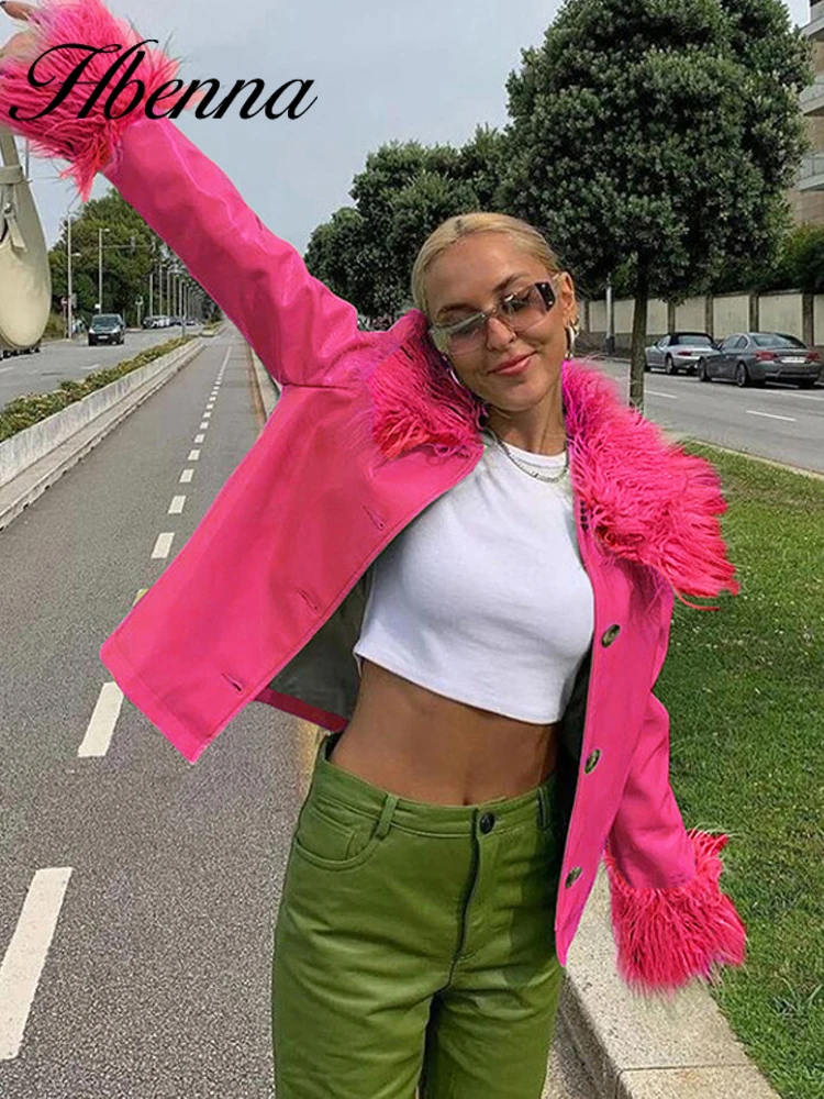 

Hbenna Women Coat Patchwork Faux PU Leather Feathers High Street Style Hipster Long Sleeve Button Hot Streetwear 2021 Autumn New