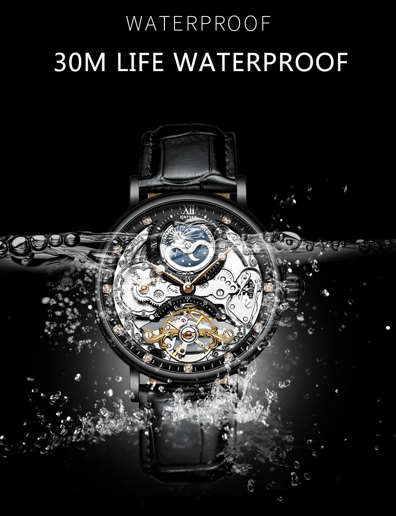 KINYUED, водонепроницаемые мужские Tourbillon часы с скелетом, лучший бренд, роскошные прозрачные механические часы с фазой Луны, спортивные мужские наручные часы