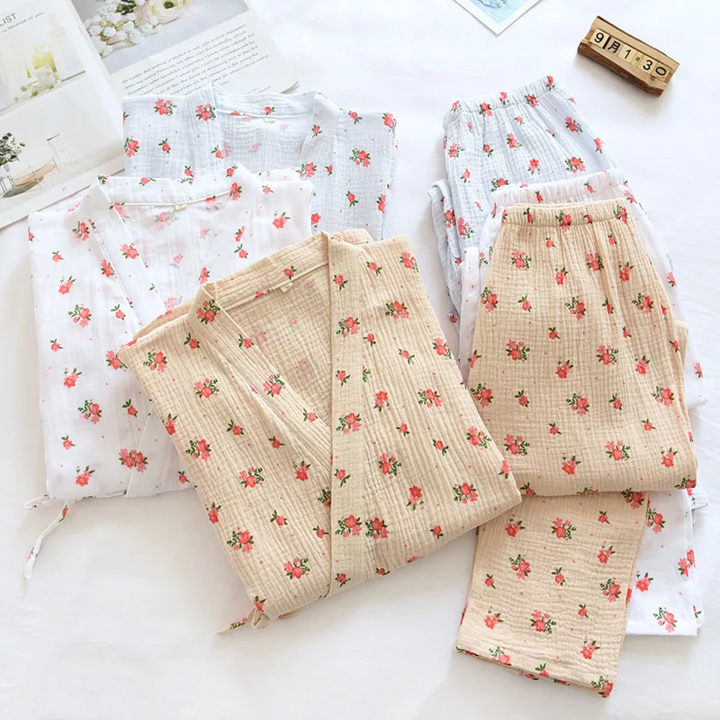 

Spring and summer new Japanese kimono two-piece ladies pajamas three-quarter sleeve trousers with casual floral home service set