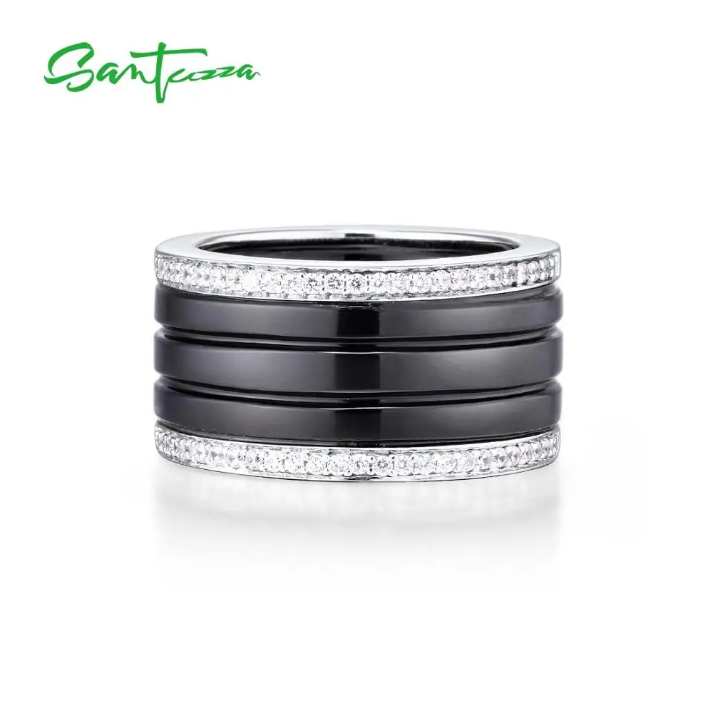 SANTUZZA, серебряные кольца для женщин, чистый 925 пробы, серебро, Круглый, белый, черный, керамика, кубический цирконий, простые, anillos, хорошее ювелирное изделие