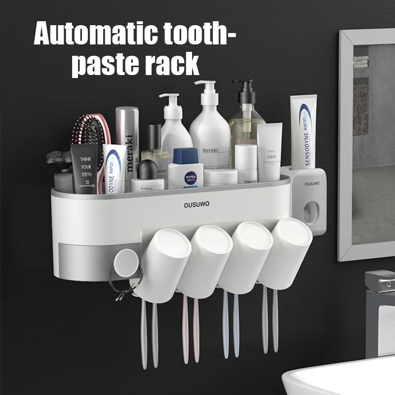 

New Cup Wall Mount Toiletries Storage Rack Bathroom Accessories Set With Toothbrush Holder Automatic Toothpaste Dispenser