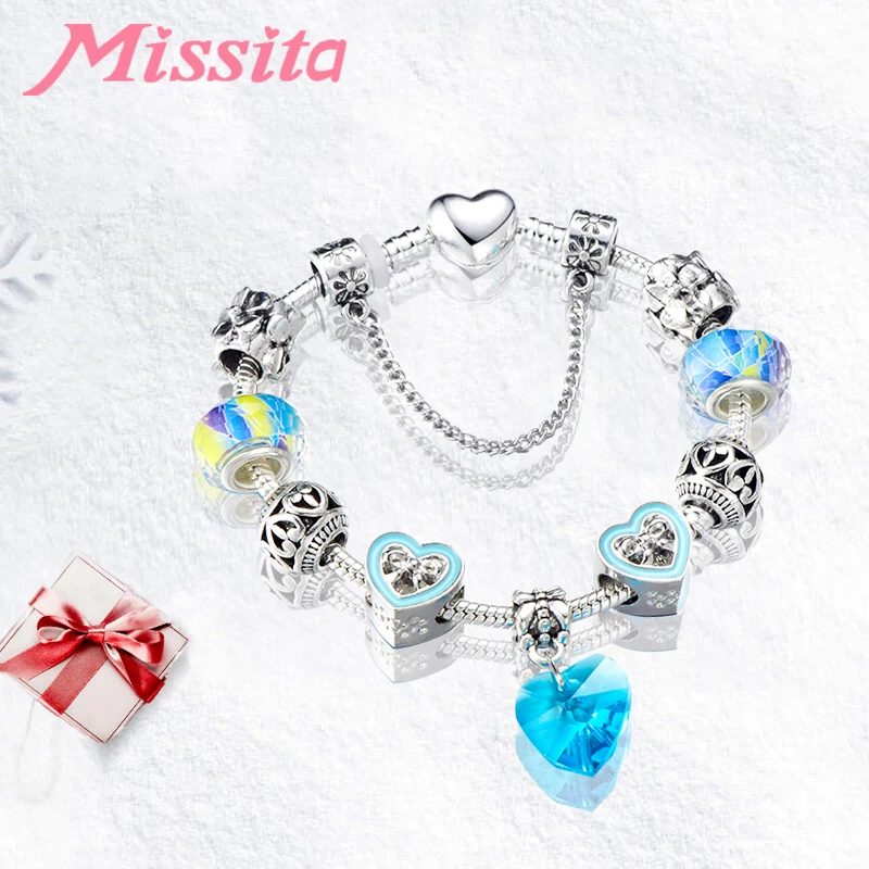 

MISSITA Love Heart Series Bracelet Blue Crystal Heart Pendant Bracelet for Women Silver Color Jewelry Brand Anniversary Gift