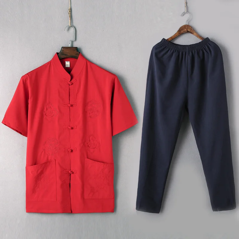 

Рубашка мужская с коротким рукавом, хлопок и лен, Пляжная блуза с пуговицами, стиль династии Тан, однотонная, свободные штаны