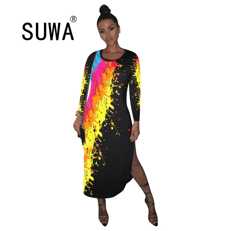 

Graffiti Painting Print Autumn Long Dress Women Sexy Round Neck Long Sleeve Party Dresses High Street Side High Split Vestidos