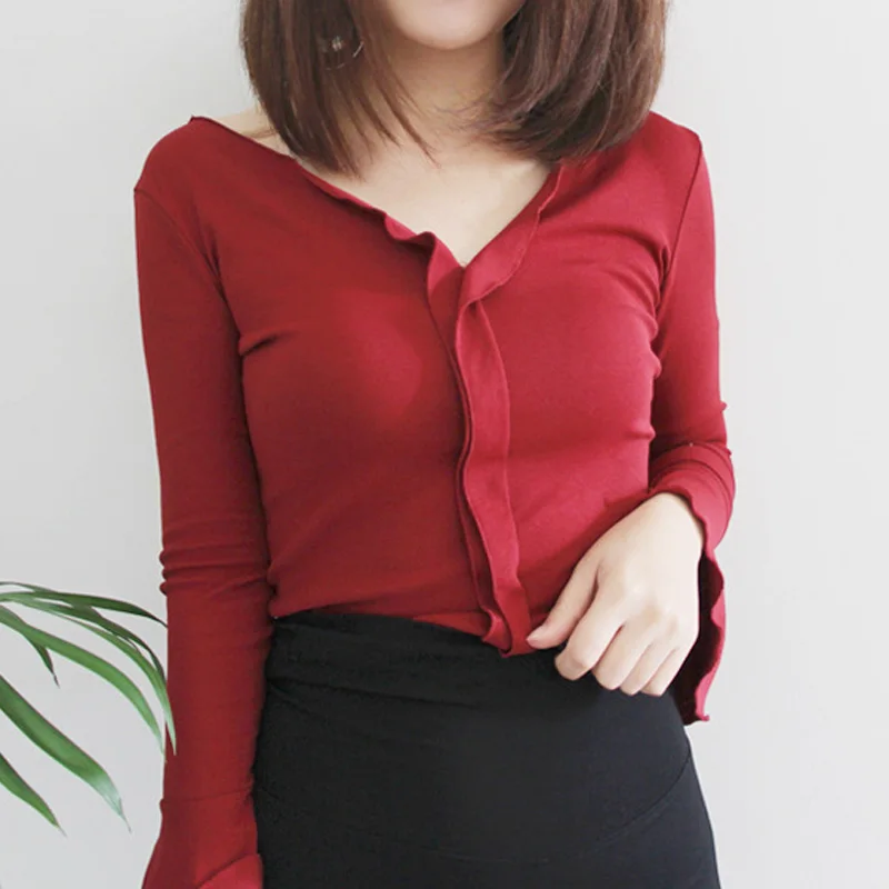 Осенняя шифоновая женская футболка с длинным рукавом и v-образным вырезом
