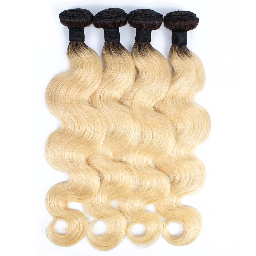 Kisshair T1B613 body wave hair bundles 3/4 pcs bleach blonde with dark roots ombre color Brazilian human hair extension
